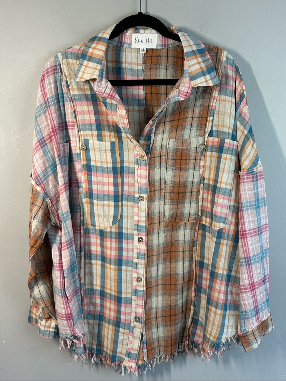 Oli & Hali Mixed Print Button Down Top in Pink Multi Size S Boho Western Plaid